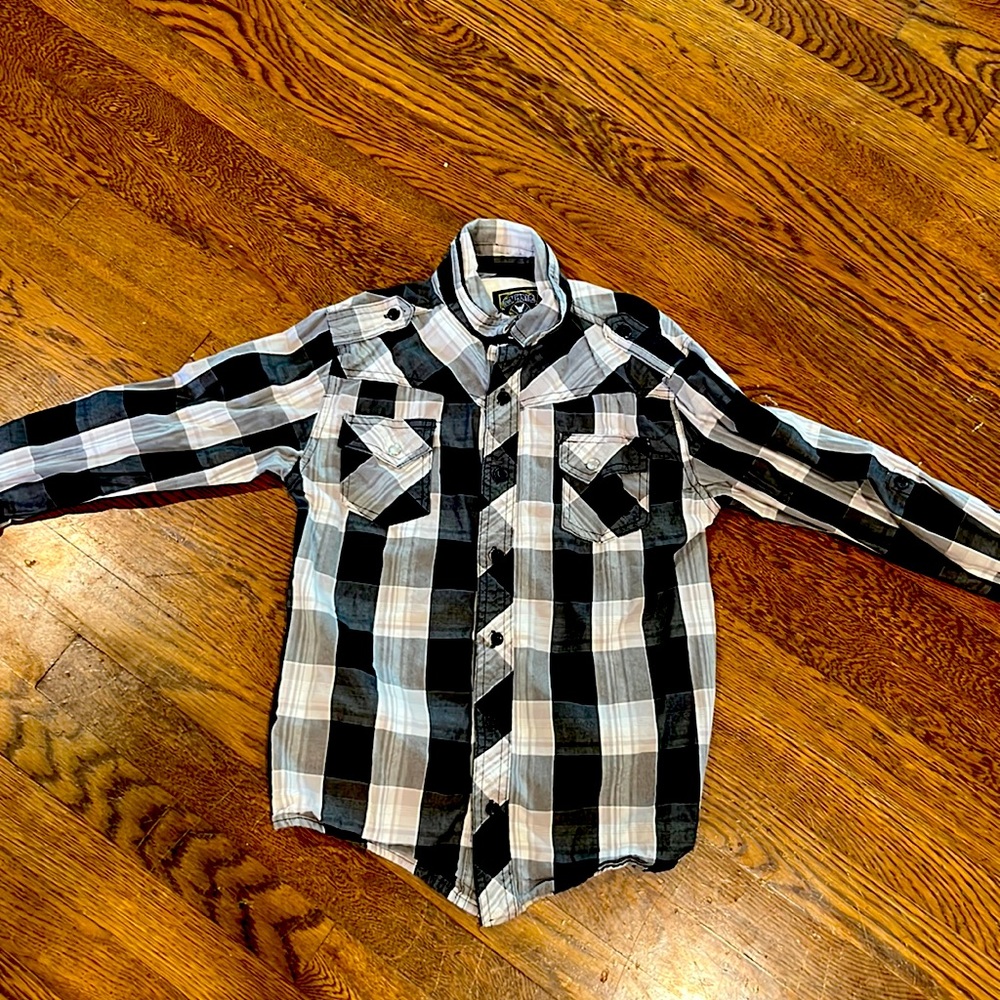 Boys black plaid button down shirt size 8
